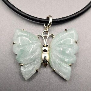 GSJ Sterling Silver Carved Green Jade Stone Butterfly Pendant Necklace 16" Cord